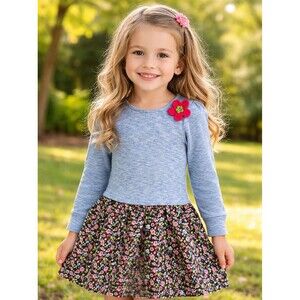 Good Lad Girls Size 5 Floral Sweatshirt Dress Drop Waist Pink Blue Flower Patch